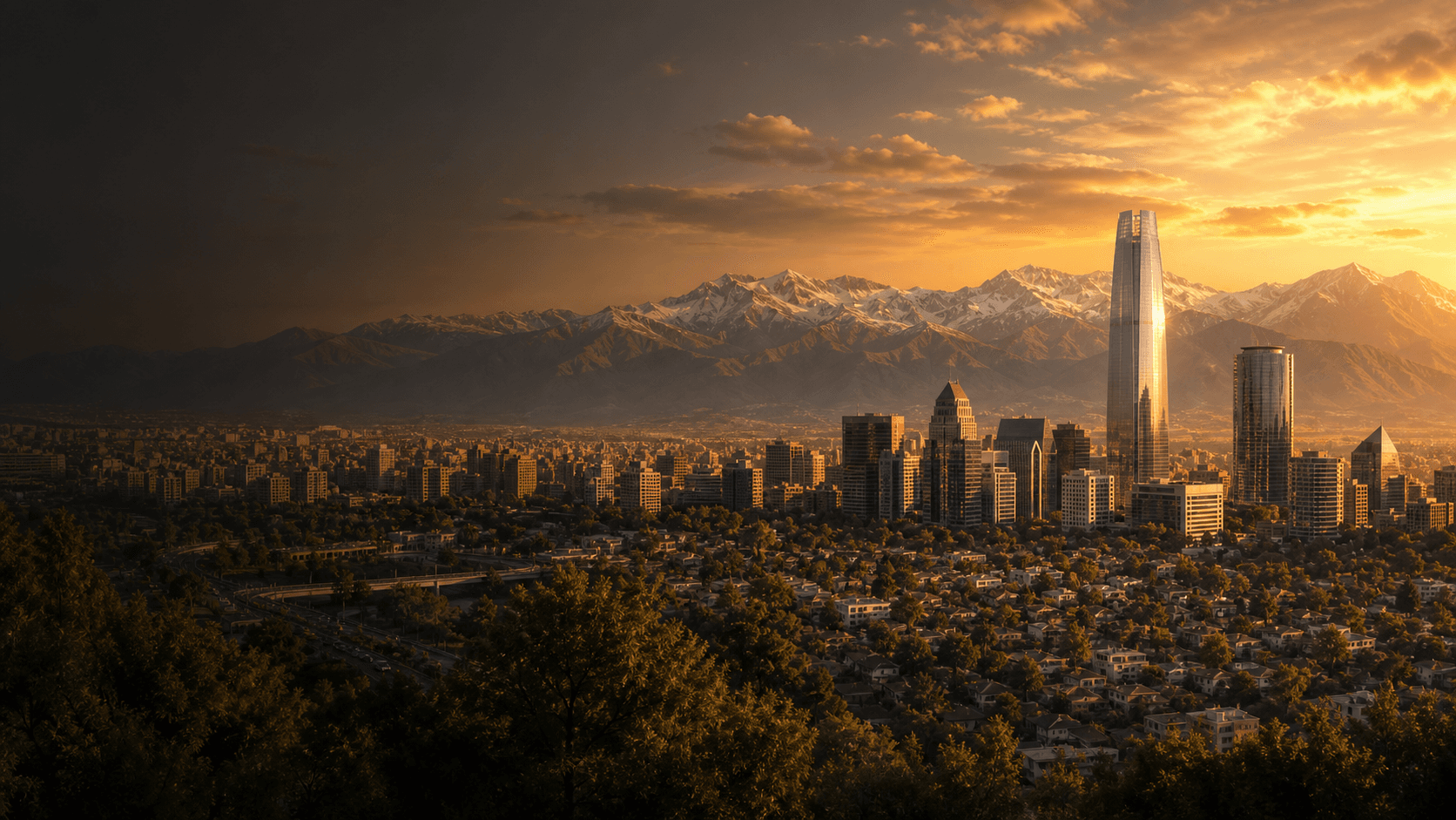 Vista de Santiago y la cordillera de los Andes al atardecer